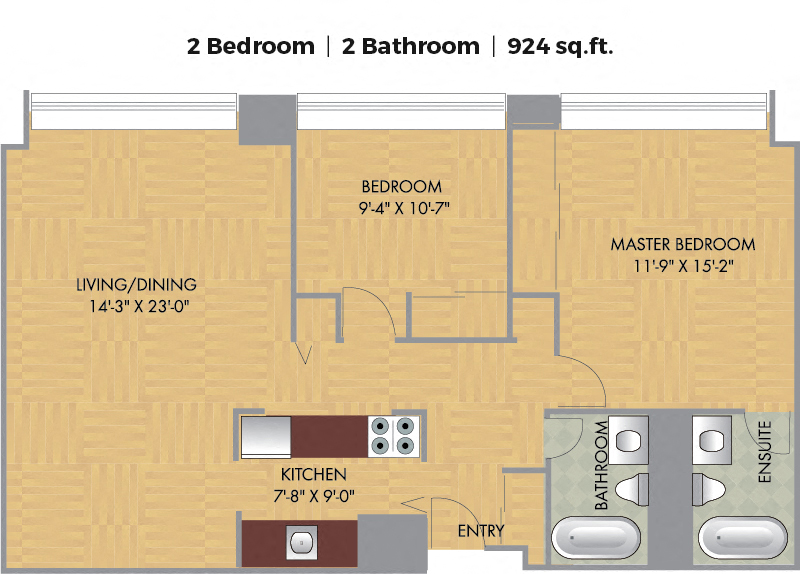 Floor plan for 2 beds, 2 baths, 924 sqft